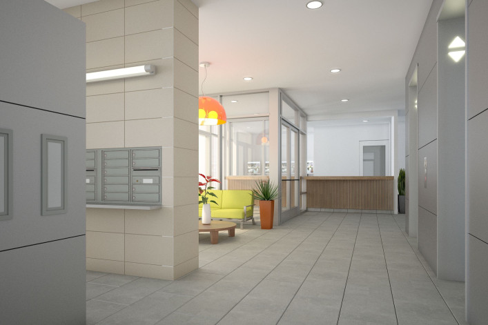 A rendering of part of the lobby of the new development in Norwood.