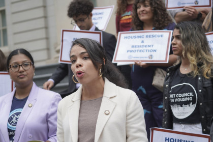 A photo of NYC Council member Pierina Sanchez at a rally.