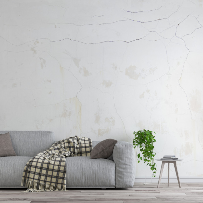 An apartment wall with cracks above a sofa.