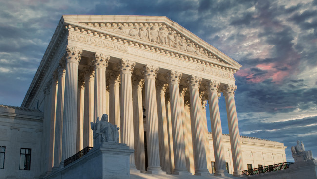 The US Supreme court as seen on a cloudy day.