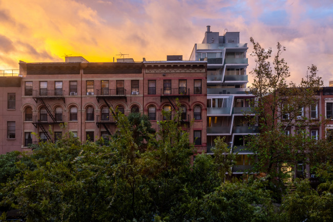 Beautiful sunset after heavy rain shot in East Harlem, New York.