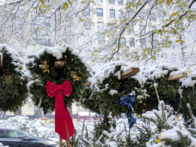 Christmas wreaths on a NYC street