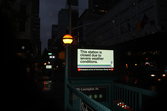 New York, New York - Oct 29 2012: A digital display above the entrance of the subway as Hurricane Sandy moves in the New York City area on Monday, Oct. 29, 2012.