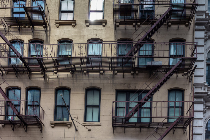 Fire escapes on a New York City apartment building 