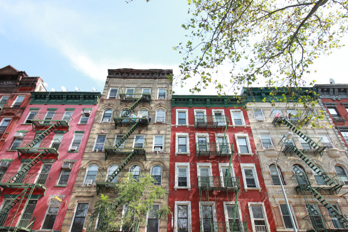 Bright, colorful apartment buildings in Chinatown/Lower East Side of Manhattan, NYC