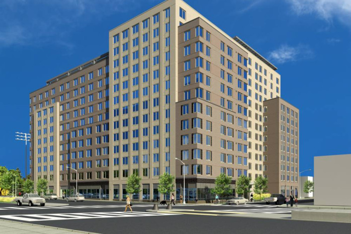 A rendering of the 13-story building at the corner of Logan Street and Atlantic Avenue. 