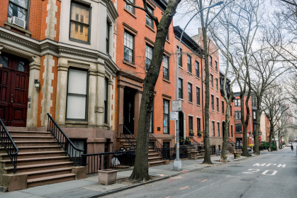 Brownstone facades & row houses in an iconic neighborhood of Brooklyn Heights in New York City