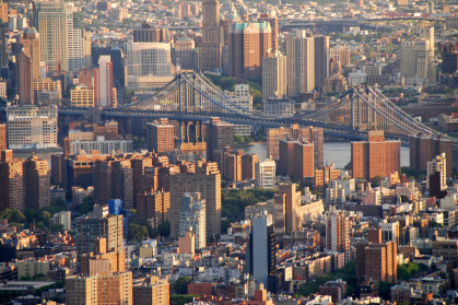 Aerial view from Manhattan to Williamsburg and Brooklyn stock photo