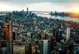 Aerial view of NYC looking downtown