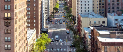 Overhead view of a busy street scene on 1st Avenue in Manhattan New York City