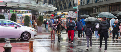 5th Avenue and 42nd Street in Manhattan on a rainy day.