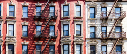 New York City historic apartment building windows and fire escapes in Manhattan