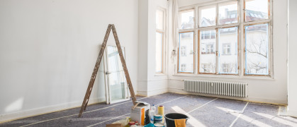 Renovation concept - room in old building during restoration stock photo