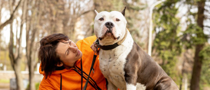 Woman on a walk in the park with her dog. Staffordshire Bull Terrier