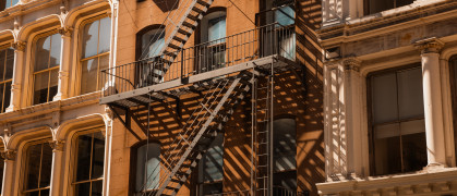 A close up of an NYC fire escape.