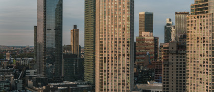 Evening view of residential buildings exterior in Hunters Points, Long Island City, Queens.