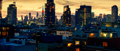 Drone shot of New York City at sunset, taken from over Greenpoint in Brooklyn.